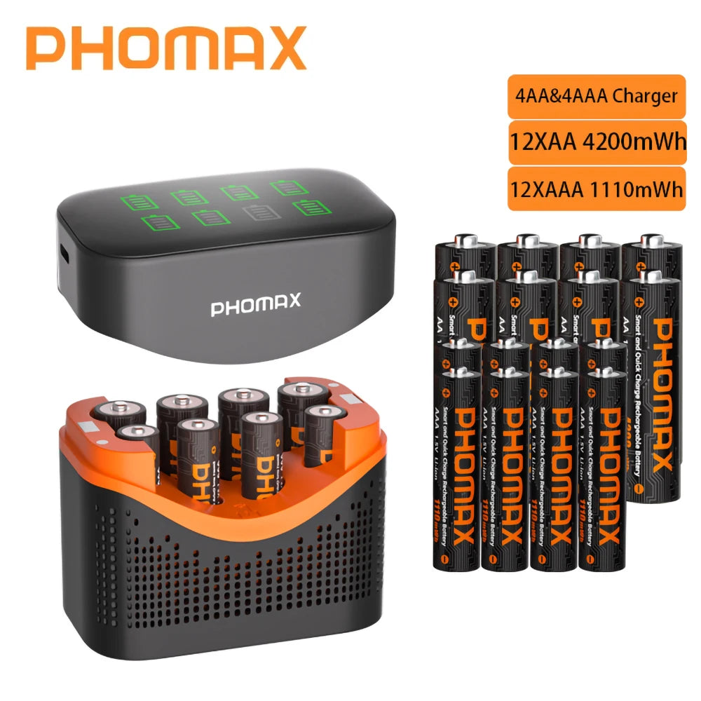PHOMAX 1.5V Rechargeable Lithium Battery Charger Set | 4200mWh AA & 1110mWh AAA