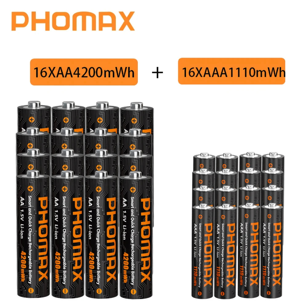 PHOMAX 1.5V Rechargeable Lithium Battery Charger Set | 4200mWh AA & 1110mWh AAA