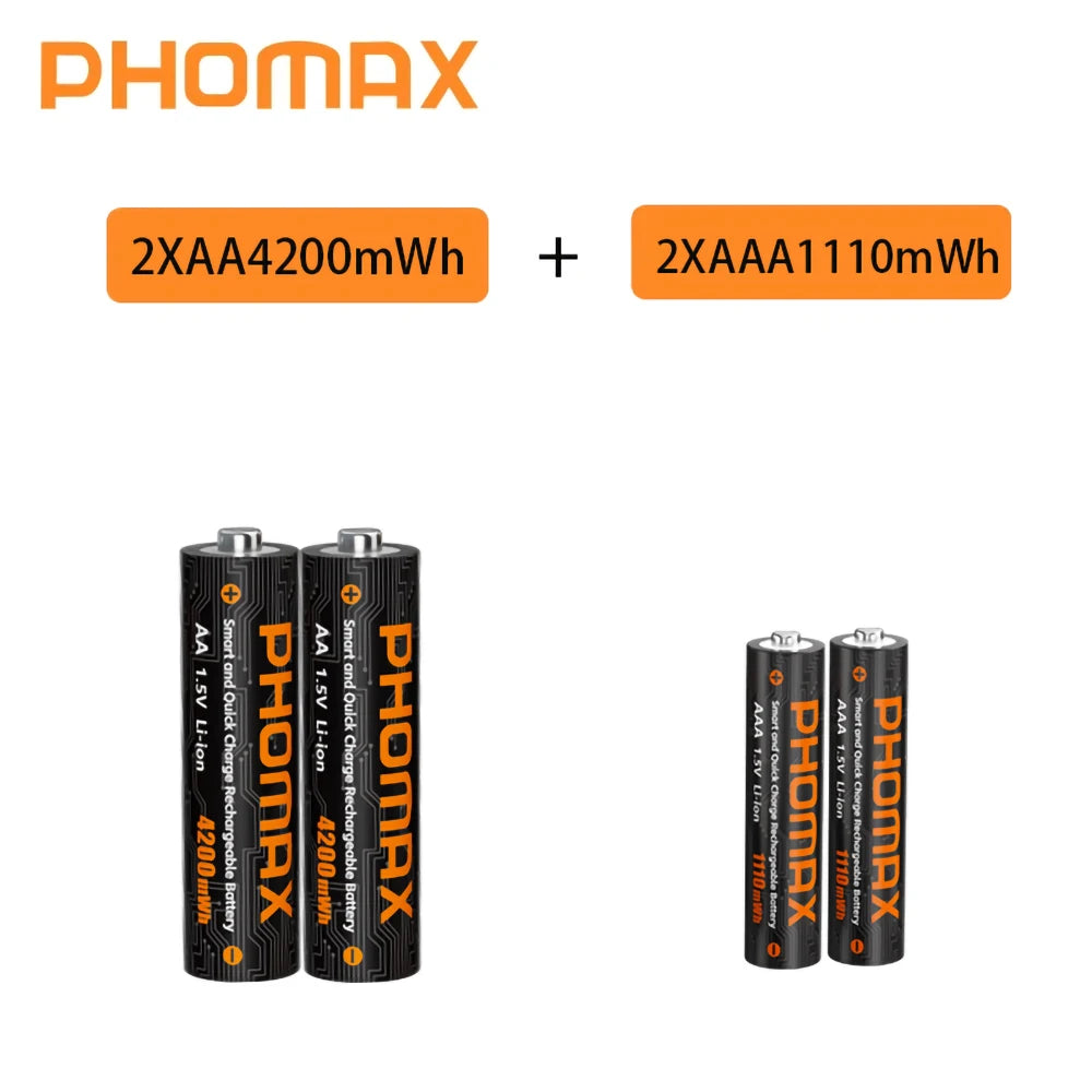 PHOMAX 1.5V Rechargeable Lithium Battery Charger Set | 4200mWh AA & 1110mWh AAA