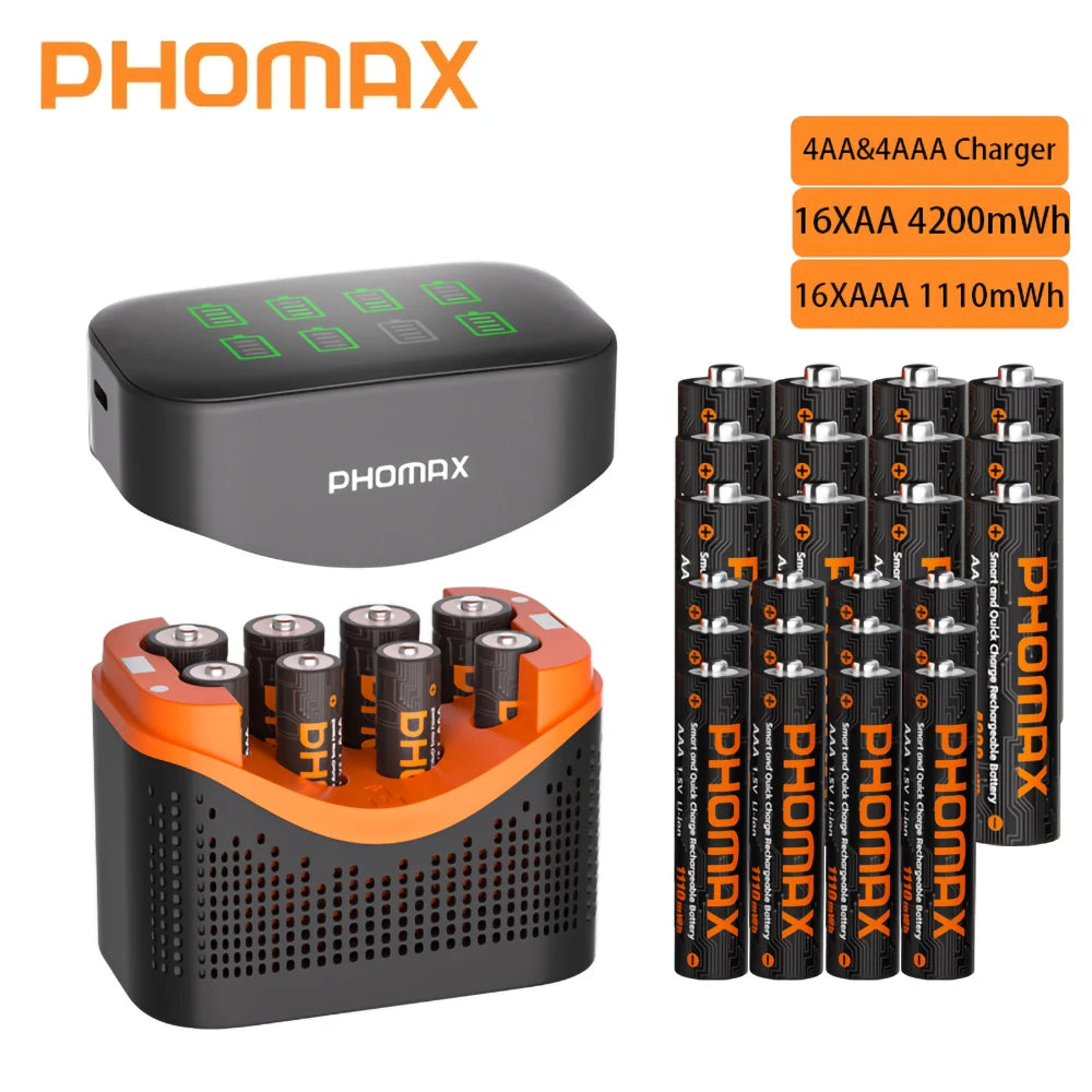 PHOMAX 1.5V Rechargeable Lithium Battery Charger Set | 4200mWh AA & 1110mWh AAA