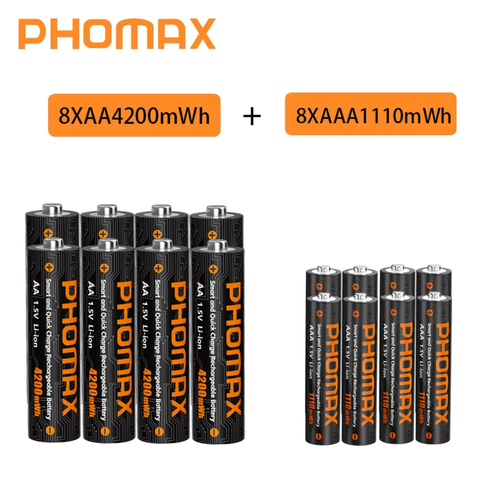 PHOMAX 1.5V Rechargeable Lithium Battery Charger Set | 4200mWh AA & 1110mWh AAA