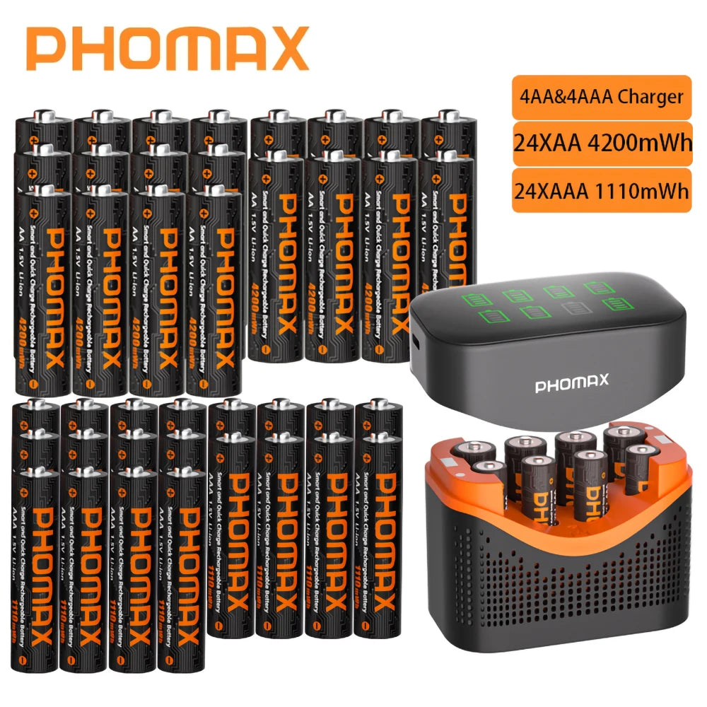 PHOMAX 1.5V Rechargeable Lithium Battery Charger Set | 4200mWh AA & 1110mWh AAA