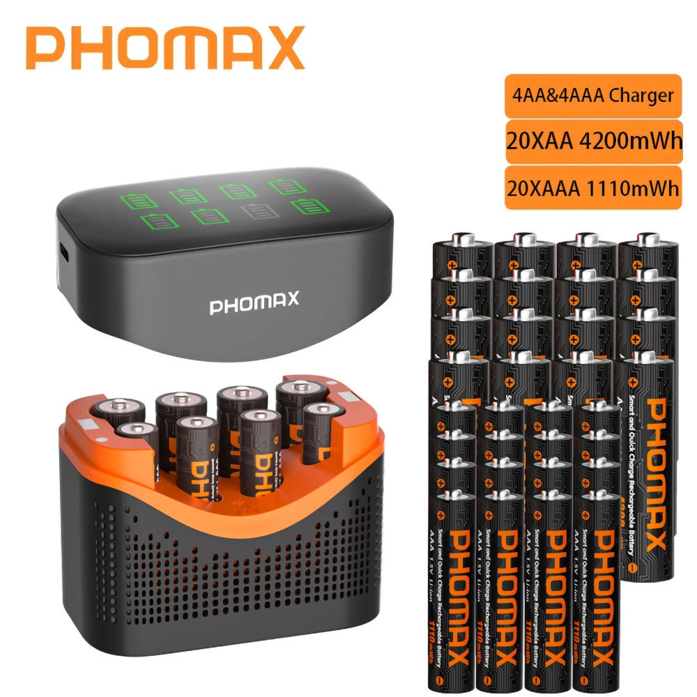 PHOMAX 1.5V Rechargeable Lithium Battery Charger Set | 4200mWh AA & 1110mWh AAA