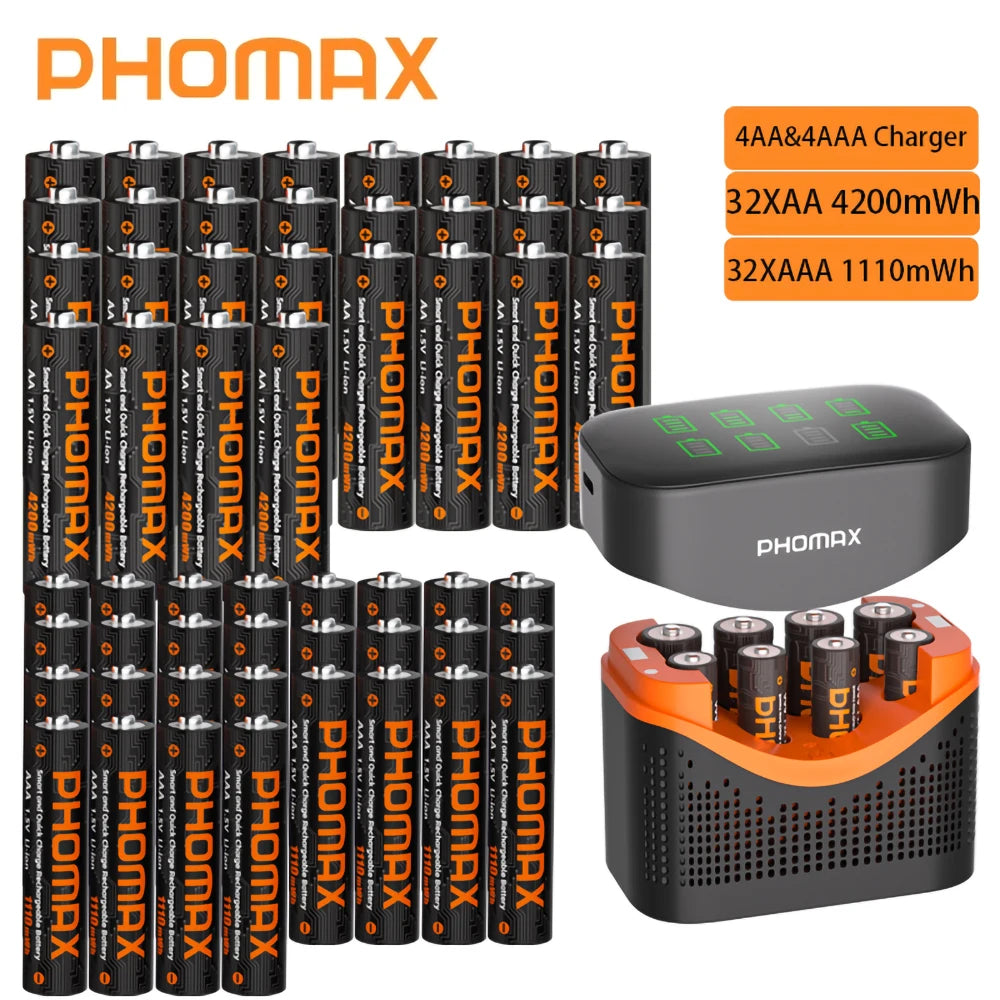PHOMAX 1.5V Rechargeable Lithium Battery Charger Set | 4200mWh AA & 1110mWh AAA