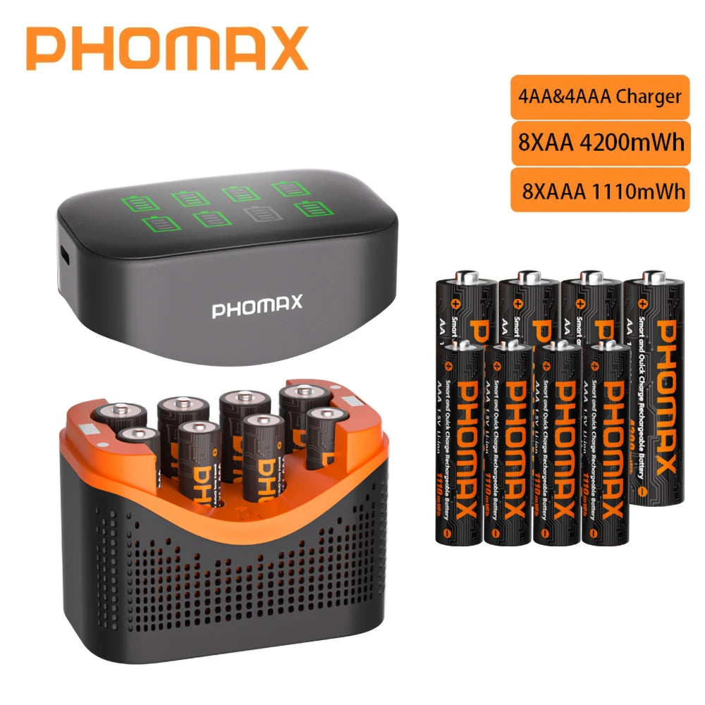 PHOMAX 1.5V Rechargeable Lithium Battery Charger Set | 4200mWh AA & 1110mWh AAA