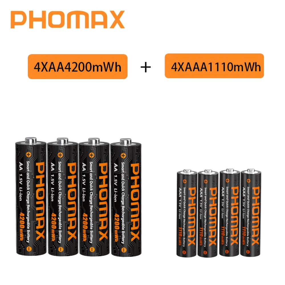 PHOMAX 1.5V Rechargeable Lithium Battery Charger Set | 4200mWh AA & 1110mWh AAA